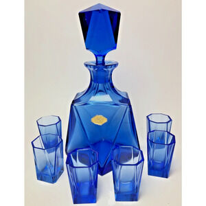 Vintage Moser Cobalt Blue Art Deco Decanter & 6 Matching Shot Glasses Set Czech